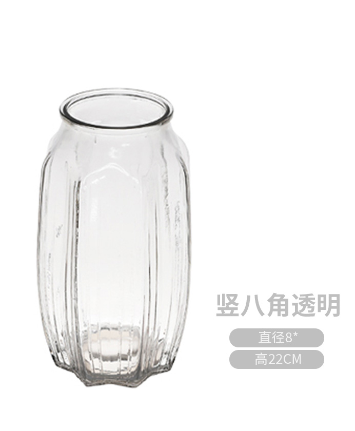 玻璃花瓶-竖八角系列四选一 创意玻璃花瓶透明摆件客厅插花富贵竹水养家用北欧干花百合鲜花瓶 酒红